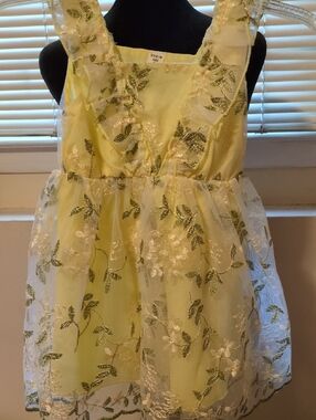 SHEIN Yellow Floral Sheer Overlay Party Dress 5Y